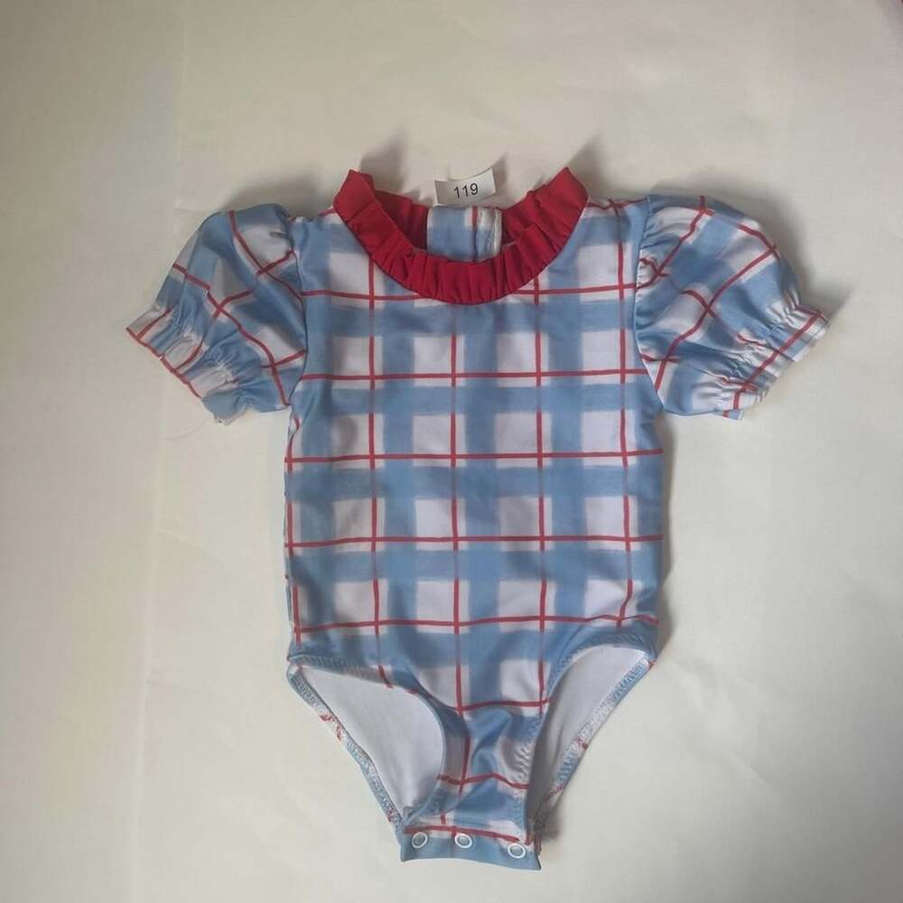 Hamner Hill Plaid Swimsuit Size 3M Blue Red Ruffle Baby Bodysuit